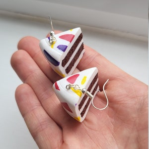 Colourful novelty cake earrings, Terrazzo polymer clay mini cakes,  chocolate cake foodie earrings, Terrazzo dangles, Polka dot cakes
