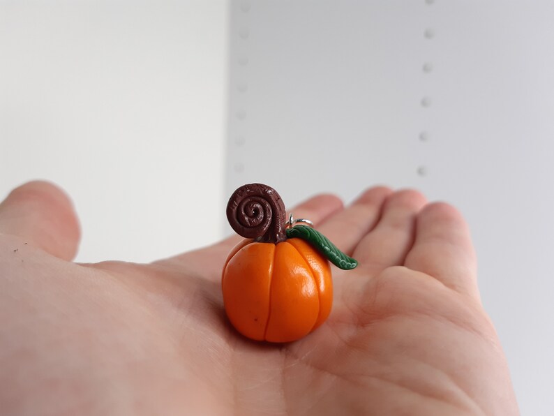 Pu&ograve; includere: Una piccola zucca arancione con un gambo marrone e una foglia verde. La zucca &egrave; fatta di pasta polimerica ed &egrave; un ciondolo fatto a mano.