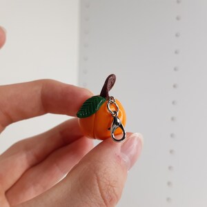 Pu&ograve; includere: Un piccolo portachiavi a forma di frutto arancione con una foglia verde e una catena argentata.