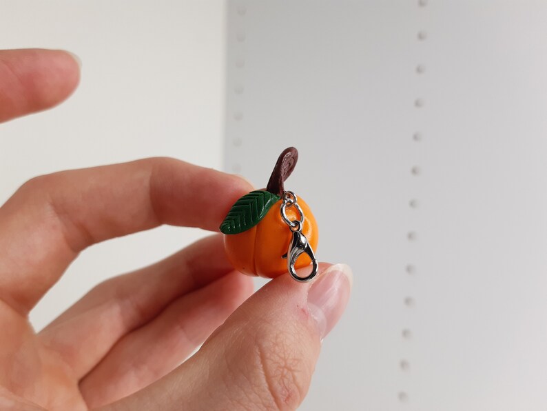 Pu&ograve; includere: Un piccolo portachiavi a forma di frutto arancione con una foglia verde e una catena argentata.