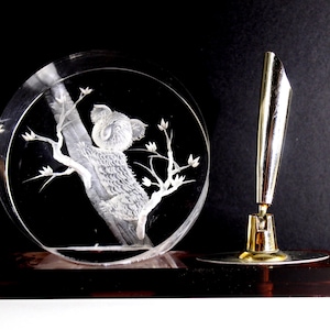 Fountain pen holder, desk organizer | Retro pen stand with koala in plexiglass, Office deco | Vintage pen holder.