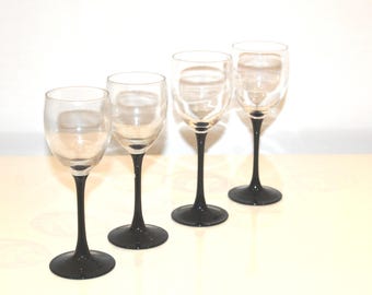 Copas de vino Luminarc, 4 copas | Cristal transparente, cristal opalino negro | Vajilla retro de los años 80, copa de vino con tallo | Celebración y vino.