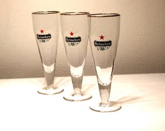Heineken retro beer glasses with gold trim from the 70s | Set of 3 vintage Heineken beer glasses | Collector's item for men.