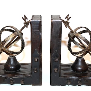 Sundial bookends, bookcase decor | Mid-century antique bookend set, library decor | Bookend globe.