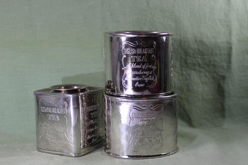 Three Piece Tea Caddy, Original English Breakfast Engraved Tea Tin