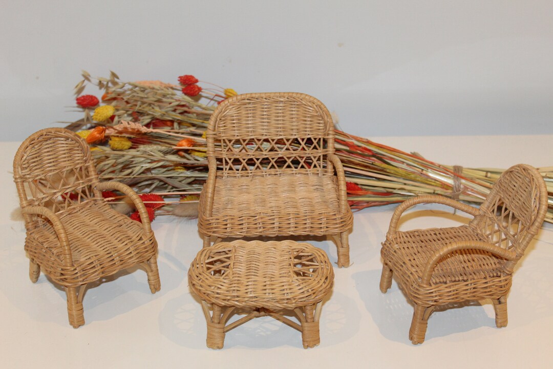 Wicker Dollhouse Furniture, Vintage Woven Wicker Doll Furniture, Barbie