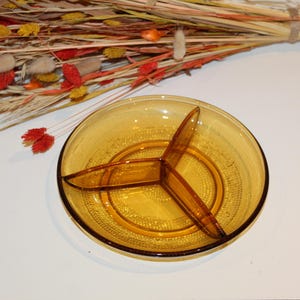 Amber glass bowl, serving bowl | Tapas snack bowl, three-compartment bowl made of pressed glass | Heavy bowl with compartments.