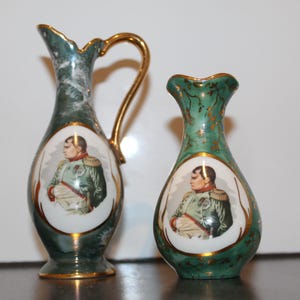 Limoges porcelain, brocante France | Limoges vase and jug with Napoleon, porcelain home decor, France antiques.