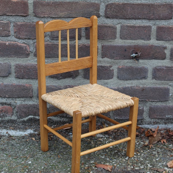 Doll chair made of wood and sisal, nostalgic midcentury vintage | Rural French doll chair, farmhouse style | Wicker Chair.