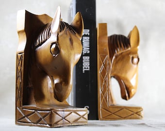 Sujetalibros de madera, caballos tallados | Sujetalibros hecho a mano con caballo, juego de 2 sujetalibros retro de madera dura.