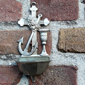 Catholic holy water font, religious water bowl | Religious wall hanging, anchor, cross, roses | Church decor, antique decoration.