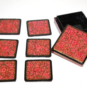 Vintage Indian Kashmiri Lacquered Paper Mache Box with Coasters, Drink Set | Lacquered Set of Coasters in Box, Compact | Kitchen & Bar.