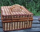 Wicker suitcase with lid, pick basket made of braided reed Square vintage basket, hand braided Orient rattan box with handles .