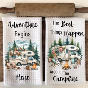 Motorhome Camping Towel Sublimation Bundle-Cute Camping Sayings PNG-Motorhome Camper Kitchen Waffle Tea Towel with flowers