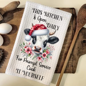 Funny Christmas Kitchen Tea Towel-PNG Instant Download-Cow With Santa Hat Waffle Towel Design