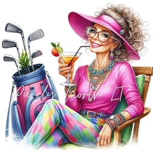 Stijlvolle chique senior dame golfer-12 clipart-elegante vrouw met golfclubs die cocktail vasthoudt, png-bestand - leuk feest golf vrouw-downloadbundel