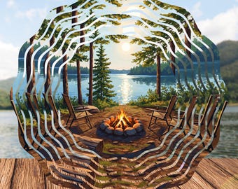 Diseño PNG de molinillo de viento para fogata junto al lago: Arte para patio (Descarga digital)