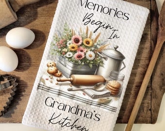 Memories Begin In Grandma&#39;s Kitchen-Farmhouse Tea Towel Design-Digital PNG Kitchen Towel Design-Instant Download