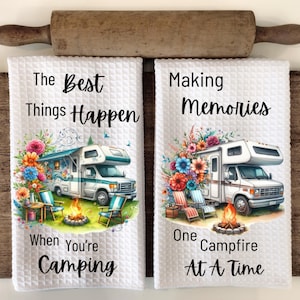 Motorhome Camping Towel Sublimation Bundle-Cute Camping Sayings PNG-Motorhome Camper Kitchen Waffle Tea Towel with flowers-Instant Download
