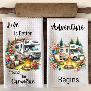 Motorhome Camping Towel Sublimation Bundle-Cute Camping Sayings PNG-Motorhome Camper Kitchen Waffle Tea Towel with flowers-Adventure Begins