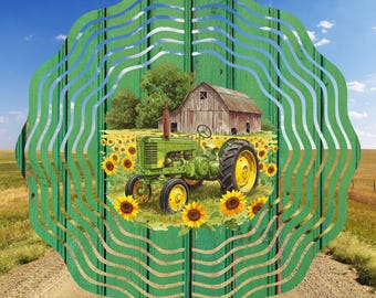 Molinillo de viento con forma de tractor agrícola: Arte de jardín con girasoles (descarga PNG de 11 x 11 pulgadas)