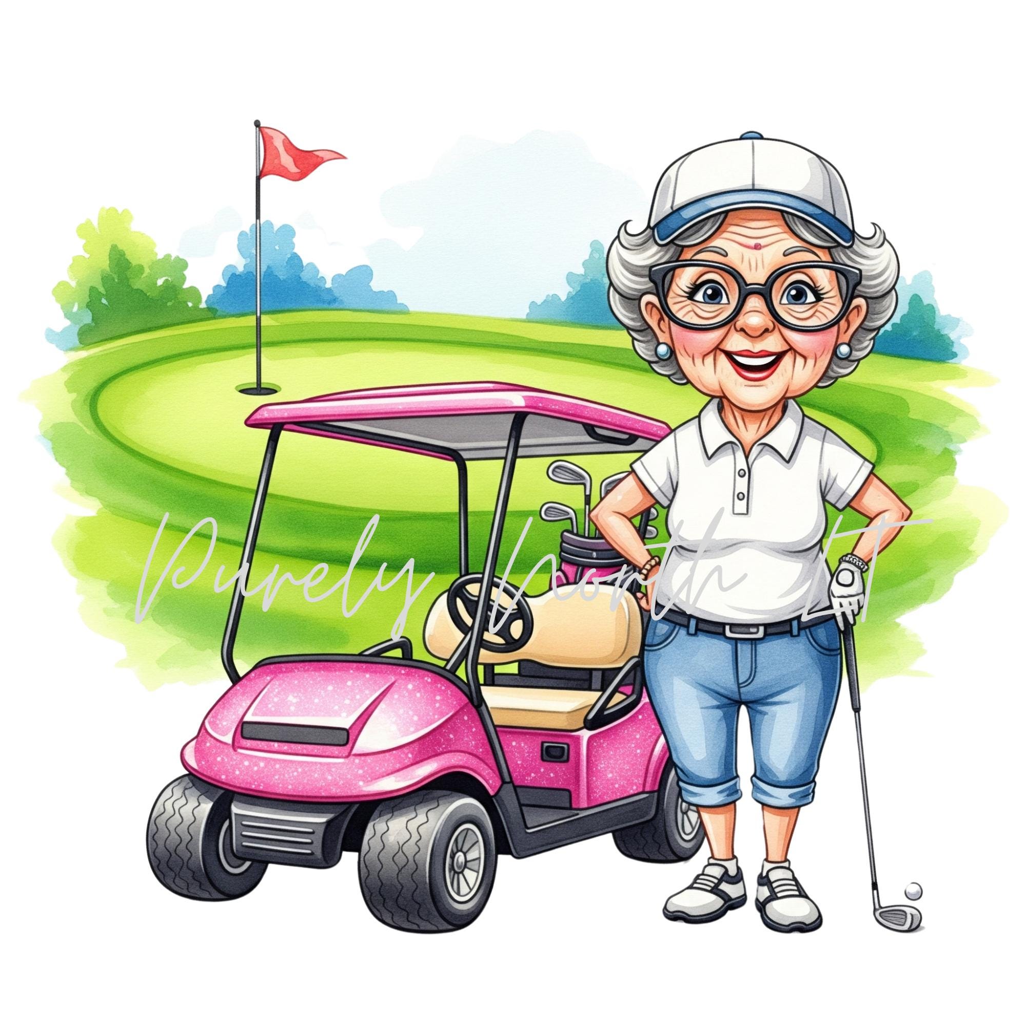 Cute Stylish Chic Senior Lady Golfer-12 PNG Clipart Bundle-Old Lady Golfing Sublimation Design-Fun Party Golf Woman-Instant Digital Download