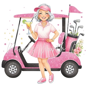 Elegante e chic anziana golfista - 12 PNG Clipart - Vecchia signora con carrello da golf rosa scintillante e bevanda Margarita - Donna golfista per una festa divertente - Pacchetto scaricabile