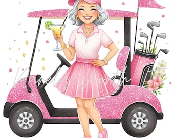 Pink Golf Cart PNG Clipart: Stylish Senior Golfer with Margarita (Download Bundle