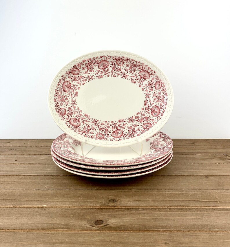 Vintage Plate Wall Collection  Rose Red Colored Mismatched Plates  Cottage Shabby Chic Decor