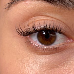 Könnte beinhalten: Nahaufnahme eines Auges mit langen Wimpern und brauner Iris. Das Auge ist offen und blickt direkt in die Kamera.