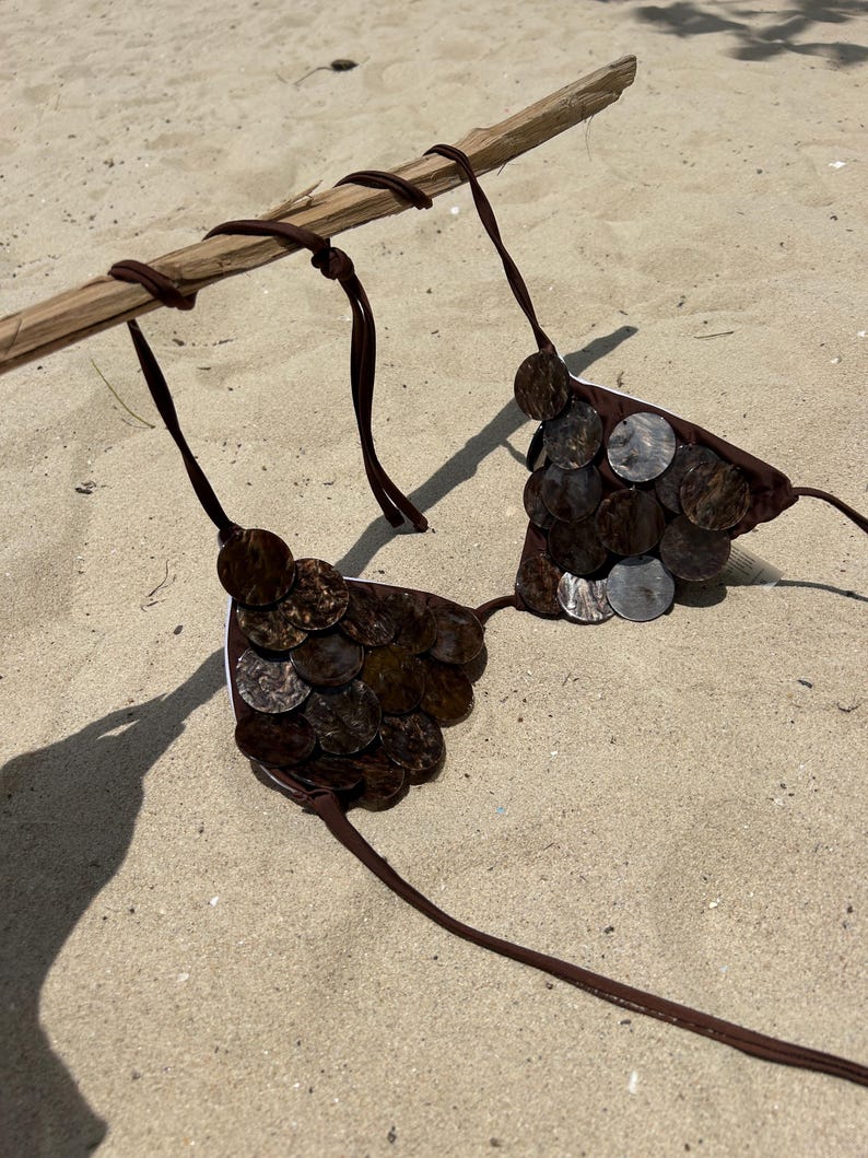 Puede incluir: Un top de bikini marr&oacute;n hecho de peque&ntilde;as piezas redondas de color marr&oacute;n oscuro y plateado. El top de bikini est&aacute; suspendido de un palo de madera con lazos marrones. El fondo es una playa de arena.