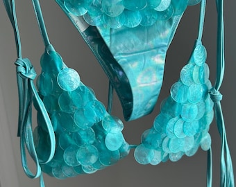 Bikini de sirena color aguamarina / Traje de baño de lentejuelas azul océano / Conjunto para club de playa / Despedida de soltera / Vacaciones en Ibiza