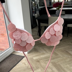 Puede incluir: Top de bikini rosa claro con adornos circulares. El top est&aacute; suspendido de una percha. Presenta un dise&ntilde;o de cuello halter y lazos. Los adornos circulares son de diferentes tonos de rosa.