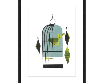 Mid Century Modern inspired Art print of collage "BIRD CAGE"