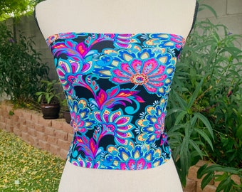 Black/Turquoise Floral Print Tube Top