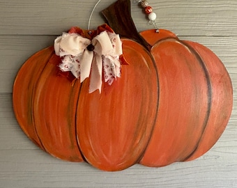 Handpainted Fall Pumpkin Door Hanger – Rustic Farmhouse Decor