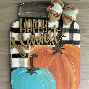 Hand Painted Fall Door Hanger: Buffalo Plaid Mason Jar, Happy Harvest