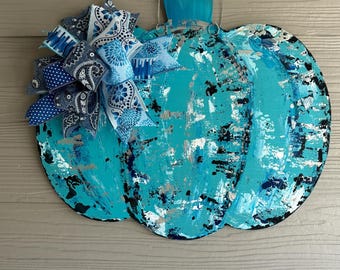 Handpainted Pumpkin Door Hanger: Farmhouse Fall Decor with Wired Bow