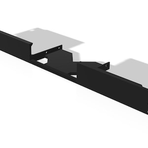 May include: A black metal bracket with a rectangular design. The bracket has multiple mounting holes and a series of teeth along one edge. The object is designed for mounting or support.