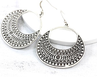 Brushed Silver Leather Earrings Boho Dangle Earrings Silver Leather Hoop Earrings Silver Leather Crescent Hoop Earrings
