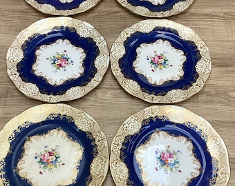 Antike Kronen Staffordshire Kuchenteller Dessertteller w Kobaltblau und Goldrand Blumenmuster Zirka 1906