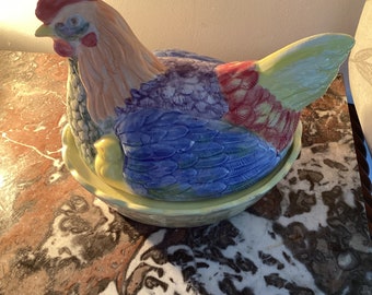 Vintage Hnad Painted Ceramic Hen on Nest Egg Storage Bowl CottageCore Kitchen CottageCore Home