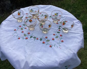 Plato de cristal con pedestal de mediados de siglo, motivos frutales y borde dorado.