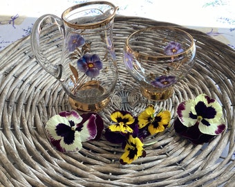 Vintage Glass Jug Glass Sugar Bowl Decorated with Purple Flowers