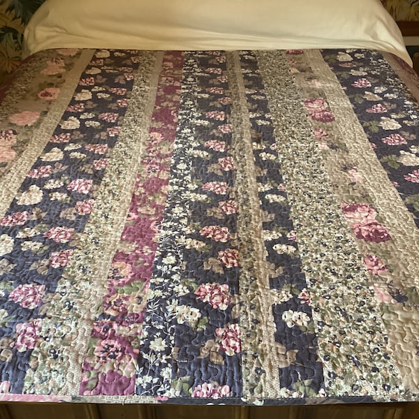 Vintage Cotton Bedspread  Patchwork Quilt Mauve Purple Floral Bedspread
