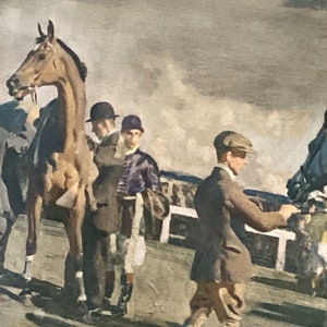 Peut inclure: Une peinture repr&eacute;sentant une course de chevaux. Deux chevaux sont au premier plan, l'un brun et l'autre noir. Plusieurs personnes sont &agrave; l'arri&egrave;re-plan, certaines portant des chapeaux et d'autres des soies de jockey. La sc&egrave;ne se d&eacute;roule sur un hippodrome.