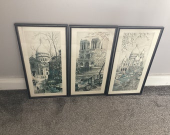 Set van 3 vintage Franse Parijs prenten Ortiz Alfau jaren 1960