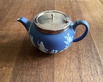 Antique Edwardian Wedgwood Blue Jasperware Teapot Silverplate Lid