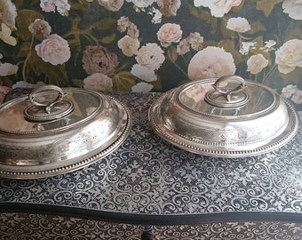 Antique Silverplate Oval Entree  Dishes Monogram Silverplate Matching Pair English Country House Style