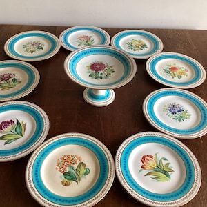 Set of (10)  Stunning Antique English Porcelain Hand Painted Dessert / Cabinet Plates Luncheon Plares Bridal Shower Botanical Plates